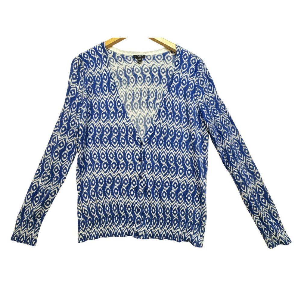 Ann Taylor Knit Cardigan Sweater Womens LP Blue Ikat Button Front V-Neck Cozy